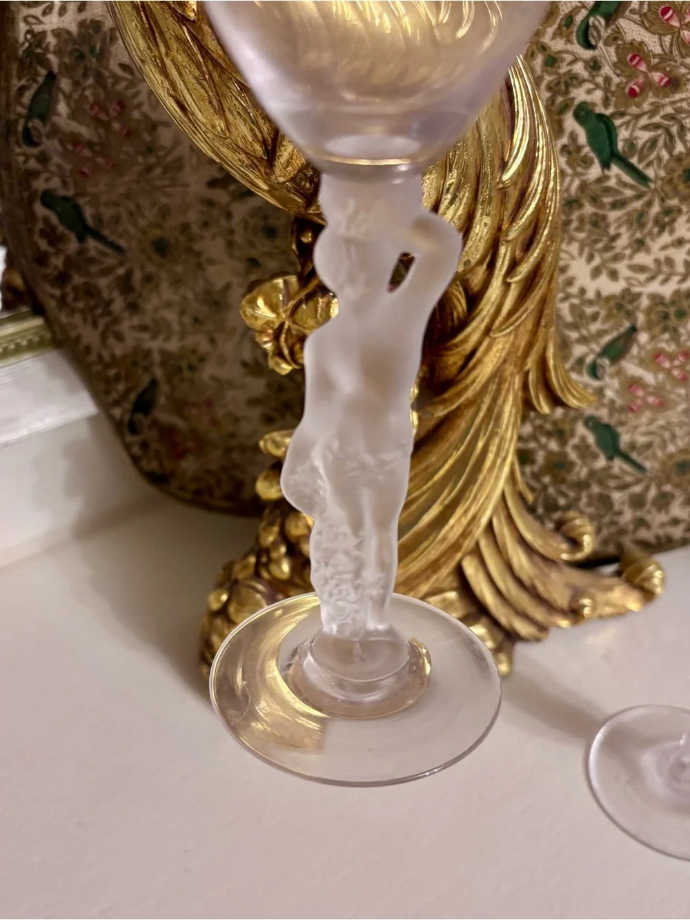Vintage Bayel French Crystal Wine Glasses Frosted Nude Bacchus Bacchante Set 2